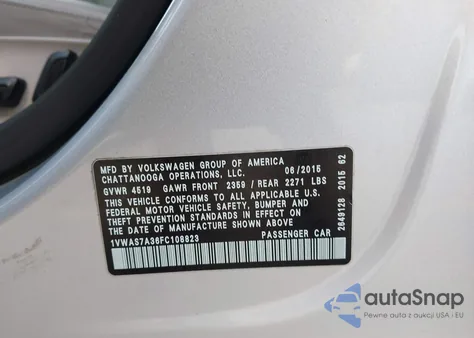 2015 Volkswagen Passat 1.8T Limited Edition from USA, damaged, VIN 1VWAS7A36FC108823